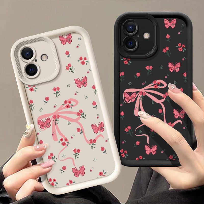 Carcasă Mată TPU cu Imprimeu Floral și Fundă pentru iPhone 16 Pro Max 15 Pro 14 13 12 11 XS XR Protecție Obiectiv Rezistent la Șocuri Husă Moale Silicon Telefon