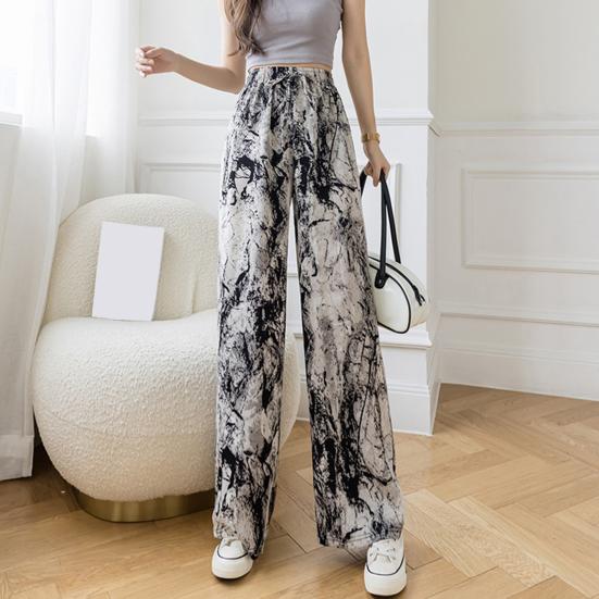 Women Summer Casual Pants Elastic Waist Adjustable Tie Straight Wide Leg Long Trousers Camouflage Striped Print Lounge Pants Streetwear