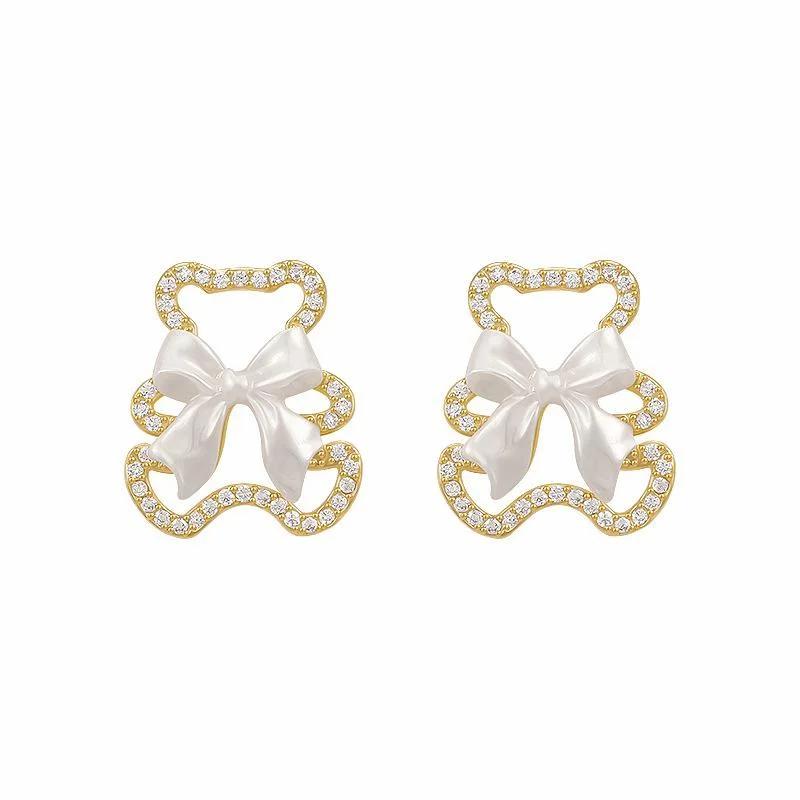 1 Pair Hollow Diamond Studded Earrings Versatile And Versatile Bow Shaped Earrings New Trend 925 Silver Needle Earrings