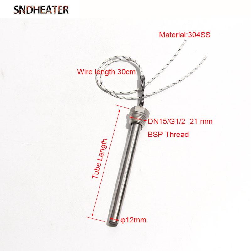 SNDHEATER 1pc 110V 220V 380V DN15/21mm Thread Cartridge Heater Single Head Heated Tube 12x100-200mm 300-1000W for Water Bucket