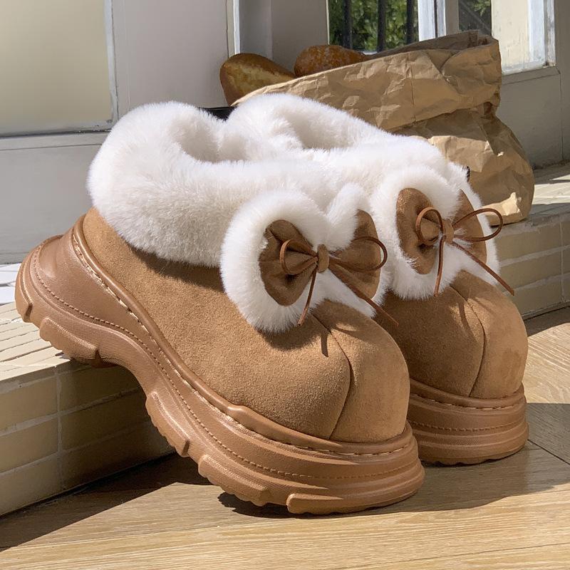 Mingsheng's New Cute Bow Autumn and Winter Fluffy Versatile Bag Head Cotton Shoes with Velvet Thick-soled Snow Boots
