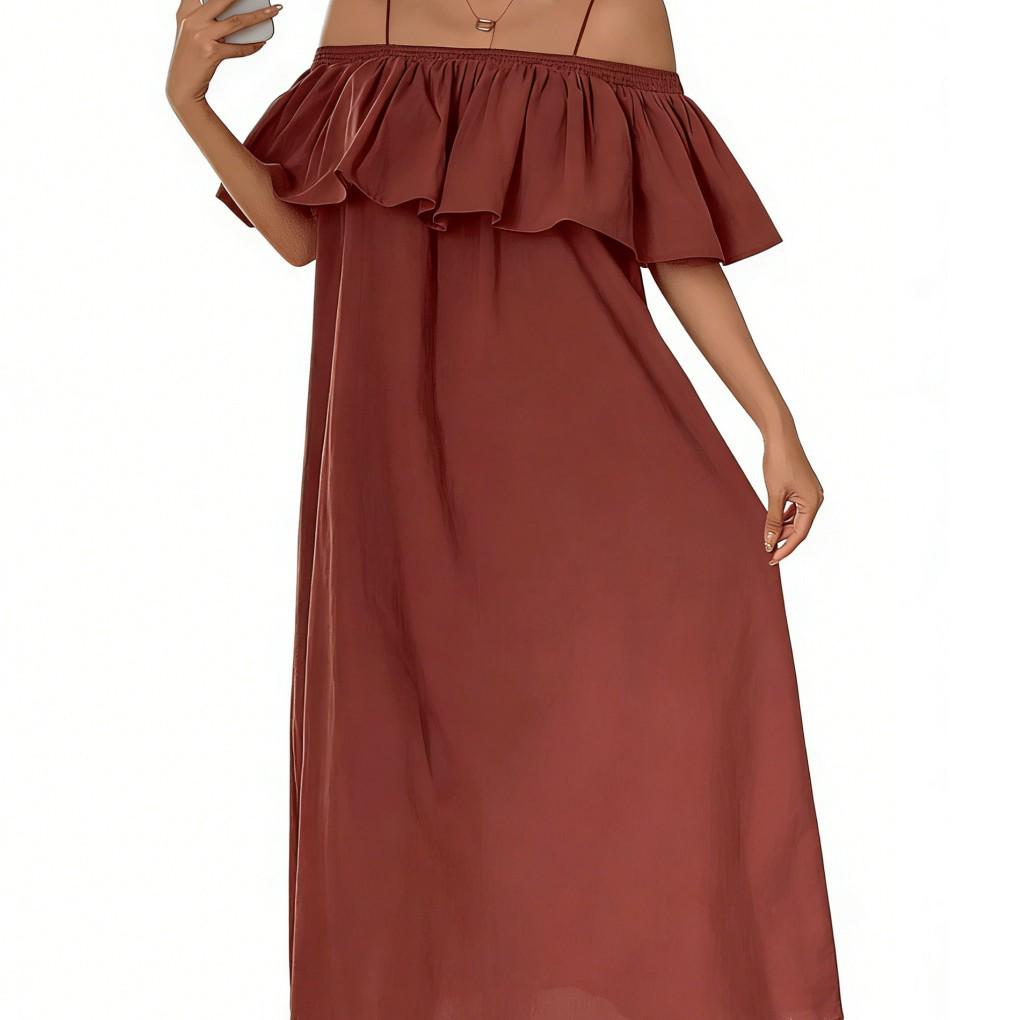 

Plus Size Women s Off-the-Shoulder Ruffle Midi Dress - Loose Fit, Belly-Covering, Summer Camisole Style 3XL темно-коричневого кольору