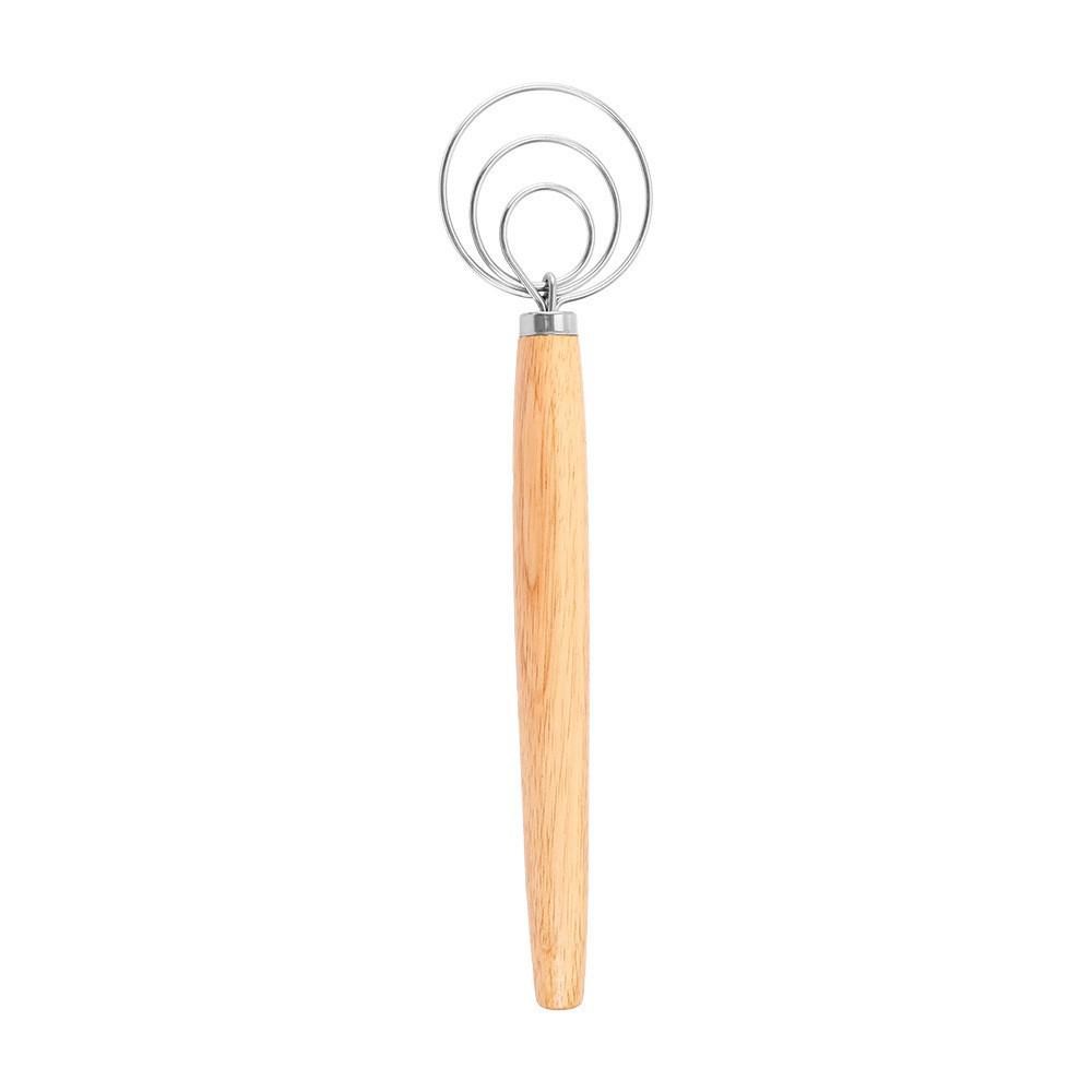 Danish Wooden-Handled Single Coil Dough Mixer: Manual Handheld Baking Tool for Flour Blending