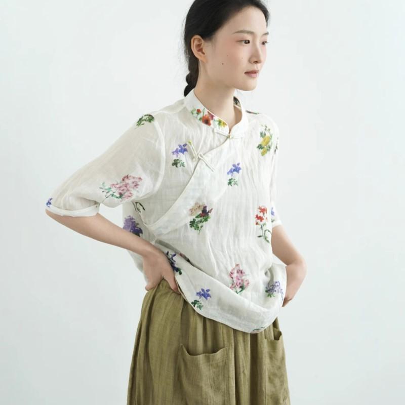 Johnature Women Vintage Print Floral Shirts Tops Stand Seven Sleeve Blouses Summer Button Chinese Style Shirt