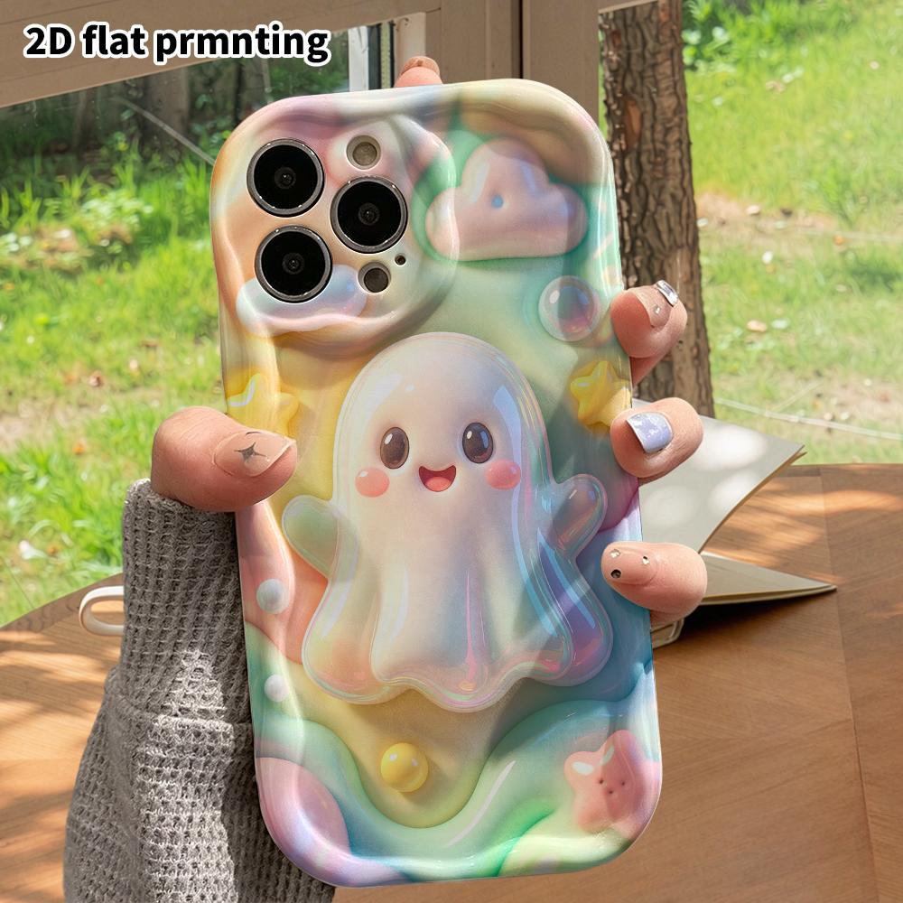 Phone case: 2D flat design suitable for iPhone 18 17 16 15 14 13 Pro protective case, rainbow little ghost, perfect Christmas and Halloween holiday gi