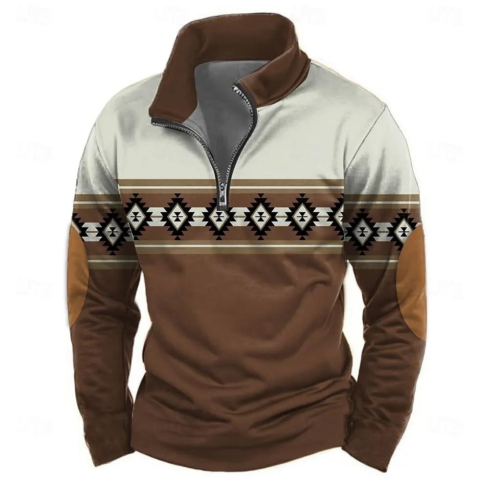 3D Geometric Pattern Men's Zipper Sweatshirts Vintage Ethnic Long Sleeve Half Zip Pullover Fashion Outdoor Street Casual Clothes