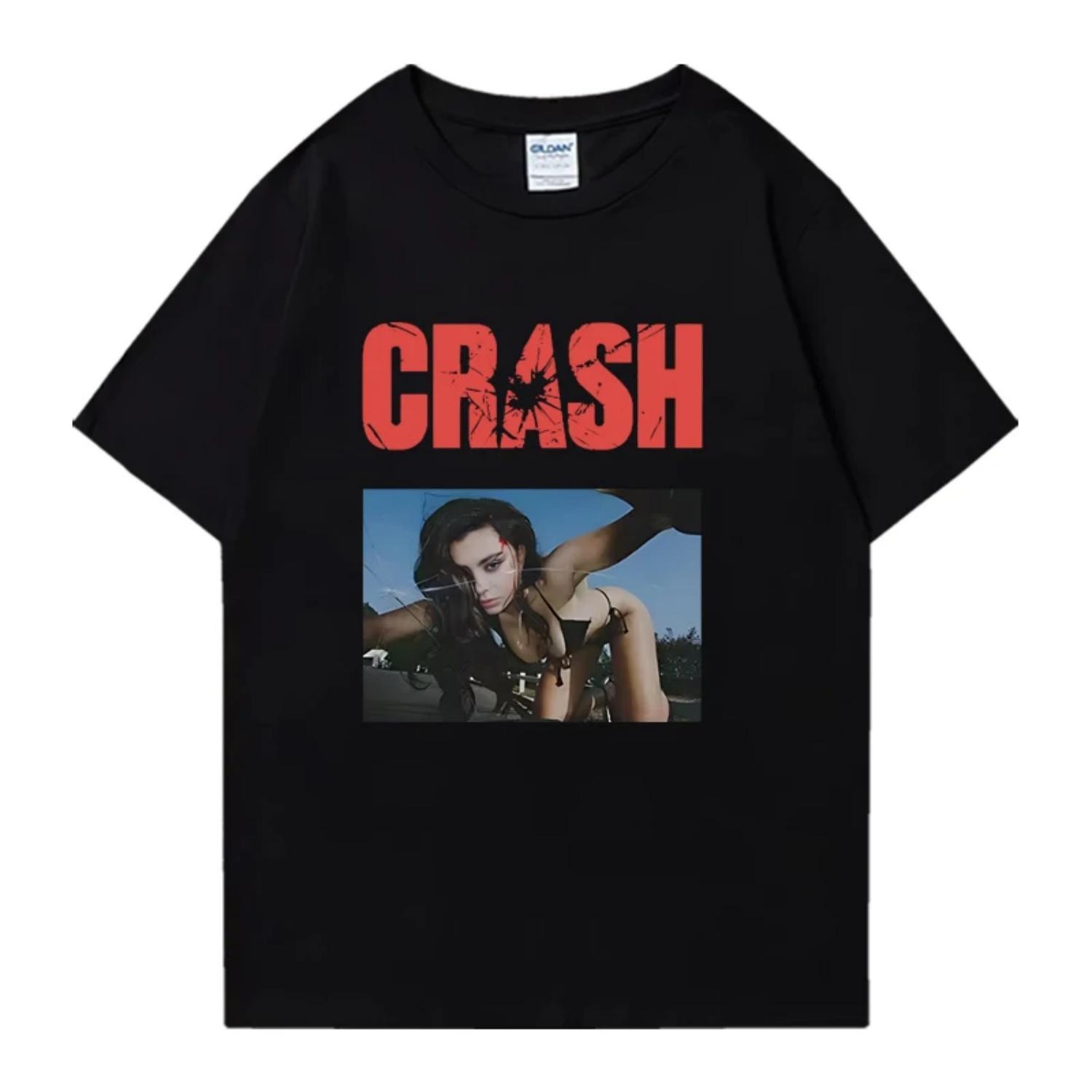 

2025 Hot New Charli XCX CRASH Crew Neck Tee Shirt Oversized Summer Short Sleeve T-shirts Men Women 100% Cotton Plus Size Tops S чёрный