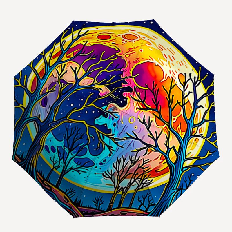 1pc Moonlit Forest Automatic Folding Umbrella Compact Lightweight Travel Umbrella with 8-Rib Sturdy Frame, Windproof & Self066