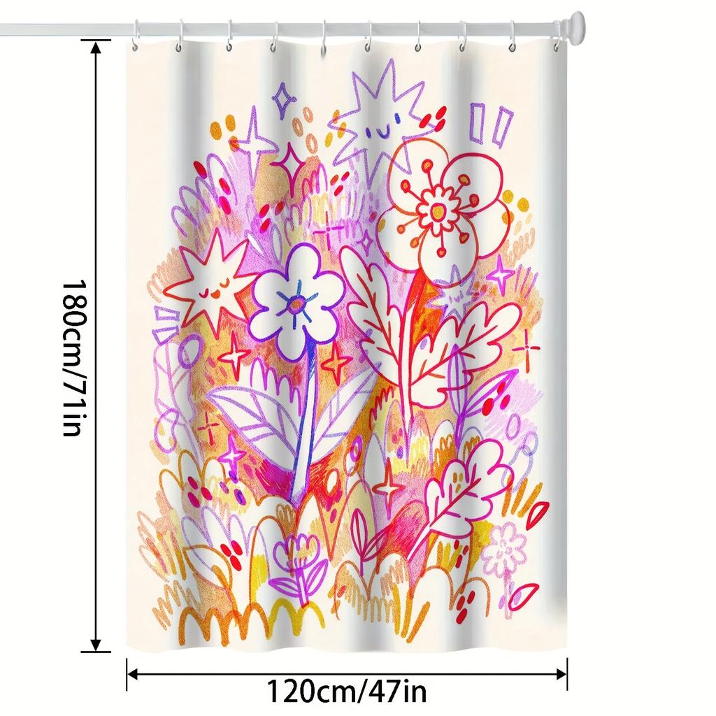 1pc Whimsical Floral and Starburst Shower Curtain - Vibrant Watercolor Design, Washable Polyester, Perfect for Modern Bathroom