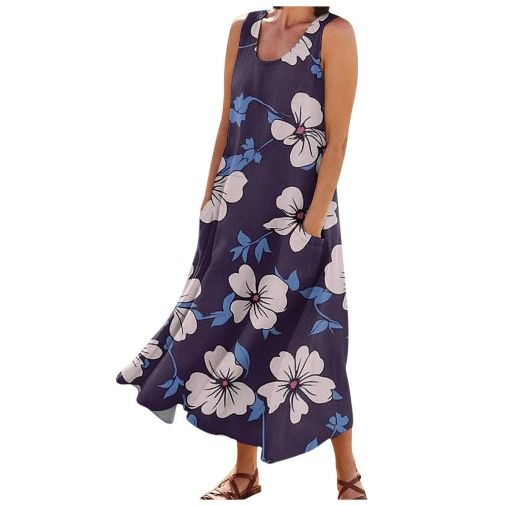 Women's Fashion Summer Casual Sleeveless Floral Printed Small Pocket Dresses