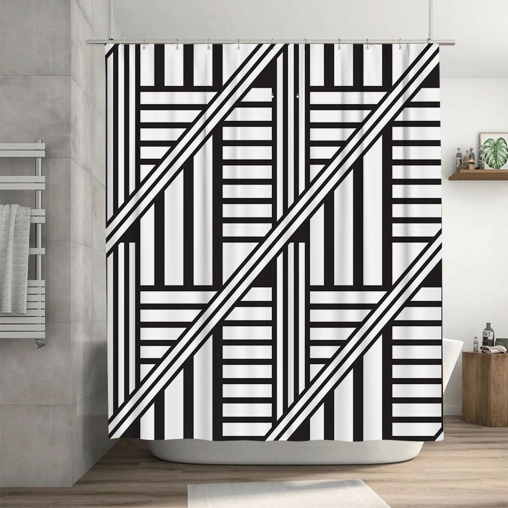 Bathroom Black White Shower Curtain With Modern Striped Print For Home Decor