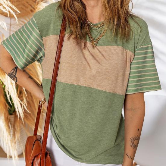 Women T-shirt Round Neck Short Sleeve Color Block Tee Shirt Loose Fit