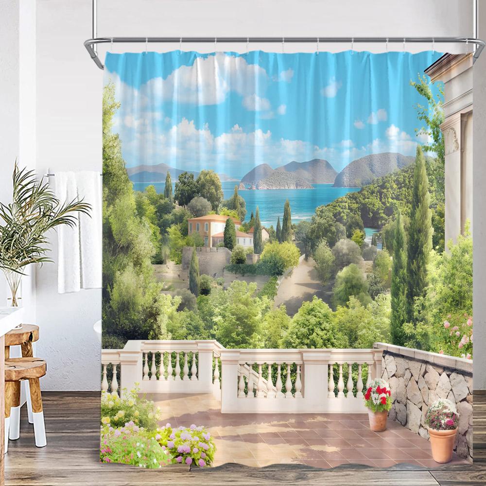 Garden Shower Curtain Arch Door Fence Vines Flowers European Garden Bathroom Decorations Landscape Bath Curtain With Hooks