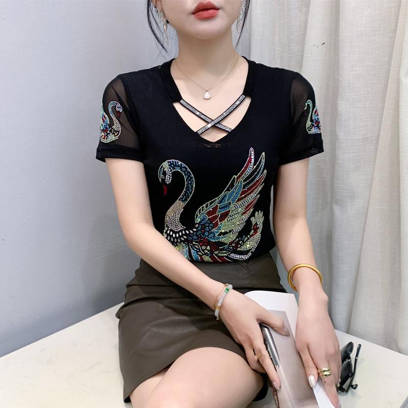 Summer Chic Women Clothes T-shirt Sexy Hollow Out Cartoon Swan Hot Diamonds Tops High Quality Female Luxury Slim Stretch Tees