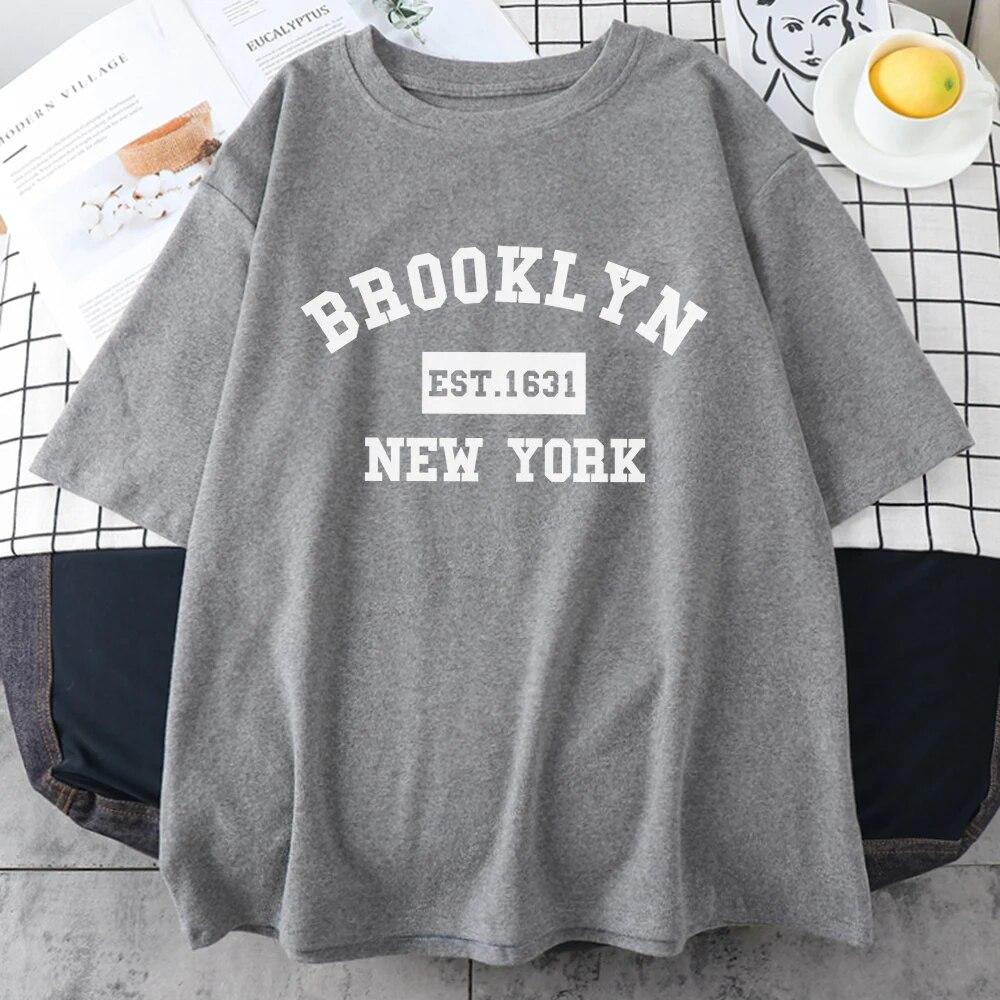 Brooklyn Est.1631 New York Bokstav Unisex Bomull Kortärmad Vintage Casual Toppar Andningsbar Rundhals T-shirt Kläder Unisex T-shirts
