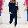 Women Plus Size Dark Blue Printed Round Neck Long Sleeve Cuffed Top Cuffed Pants With Pockets Two Piece Set