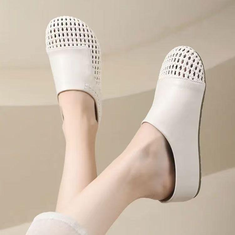 Baotou Half Slippers Women's Summer Outer Wear 2025 New Inner Height Increase Hollow Woven One-pedal Single Shoes Cool Slippers