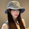 Japanese bear embroidered denim bucket hat women's season new big head circumference big brim sunshade washbasin hat