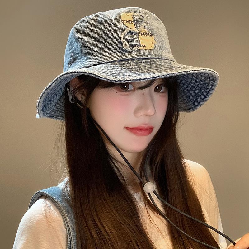 Japanese bear embroidered denim bucket hat women's season new big head circumference big brim sunshade washbasin hat