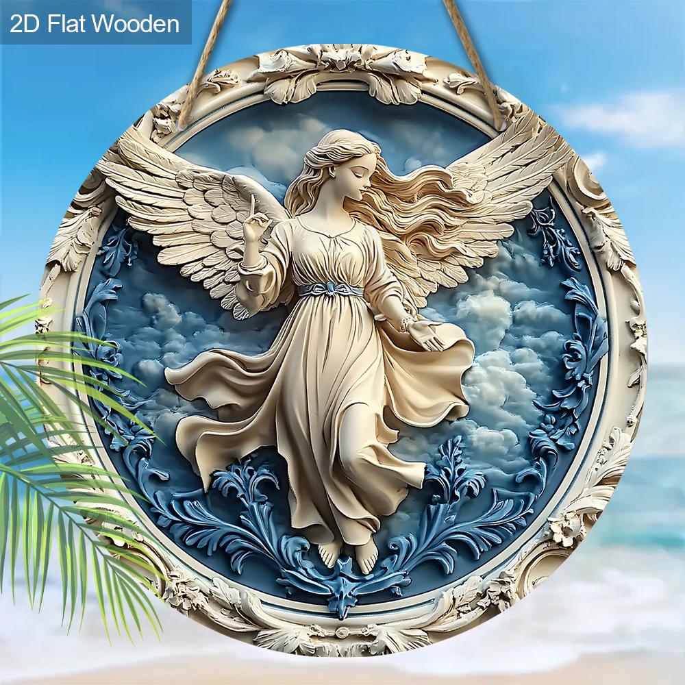 Holy Angel Wooden Sign - Beautiful Angel Round Artwork for Front Door Wall Home Hanging Decoration