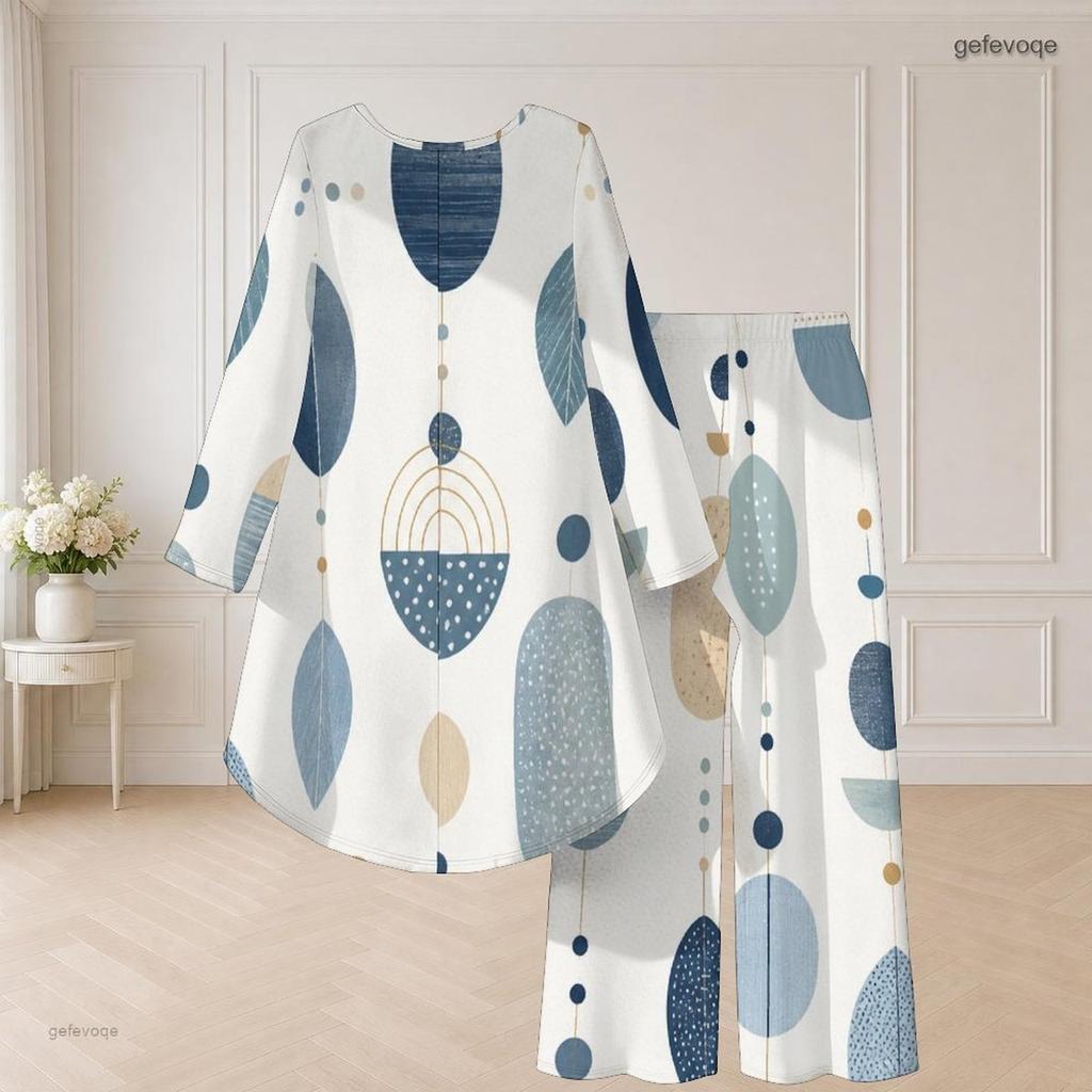 Plus Size Women Abstract Printed Two Piece Set Round Neck Long Sleeve High Low Top Wide Leg Pants