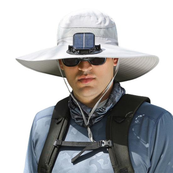 Fischerhut für Herren mit Solarventilator, großer Krempe, winddichtem Riemen, USB-Aufladung, UV-Schutz vor Sonnenlicht, hohe Atmungsaktivität, Angeln im Freien, Camping