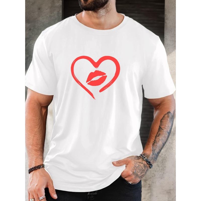 

Men s White T-Shirt with Red Lips Heart Print- Summer Casual Round Neck Short Sleeve T-Shirt, Bold Red Lips Design, Comfortable Casual Clothing S белый