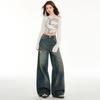 Spring Vintage Distressed Blue Ripped Cat Scratch Relaxed Straight Wide Leg Denim Pants For Women Casual Pants Oversize Denim Trousers