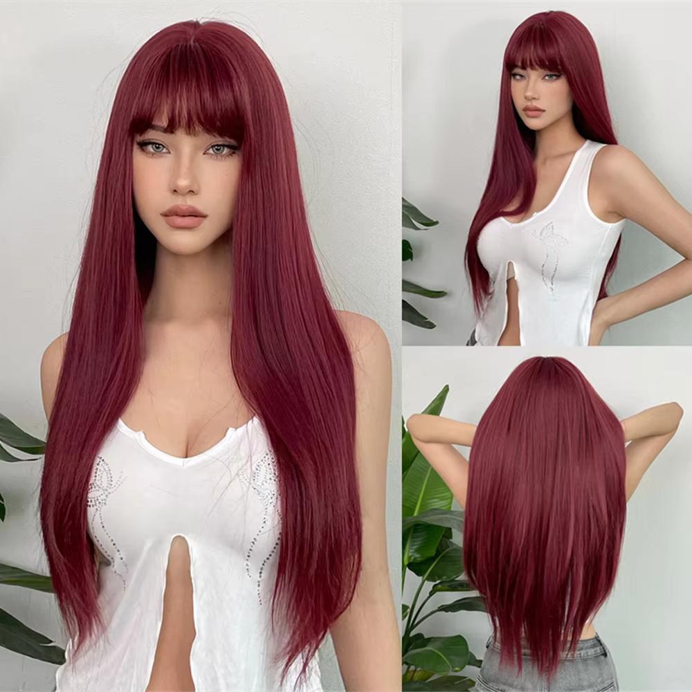 White Long Straight Synthetic Wigs for Women Colorful Cosplay Party Fake Hair with Bangs White Wig HighTemperature