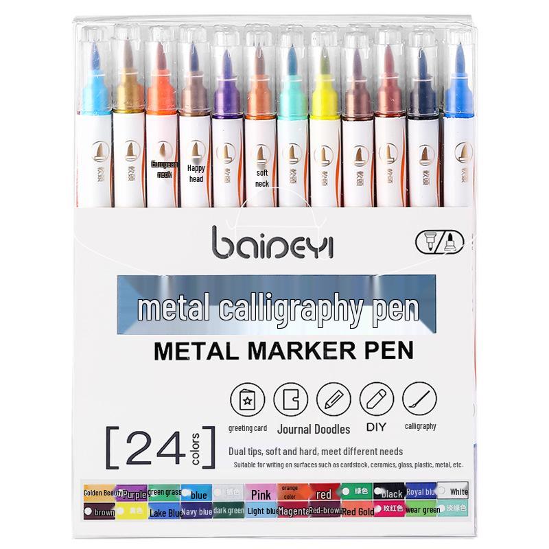 24-Color Dual-Tip Calligraphy and Metallic Pearlescent Outlining Pen Set