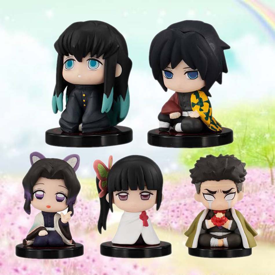 9Pcs/Set Demon Slayer Q Version Sitting Figure Toy Anime Kimetsu no Yaiba Tanjiro Nidouzi Inosuke Zenizu PVD Figurine Model Doll