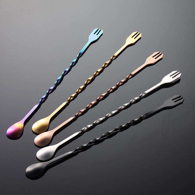 410 stainless steel twist shape long ice spoon bar spoon fork titanium plated PVD cocktail restaurant bar tableware