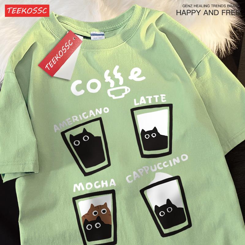 American Retro Trendy Cat Cotton T-shirt Casual Round Neck Men Women Summer Loose Couple Short Sleeved Tops Tee Harajuku Y2k