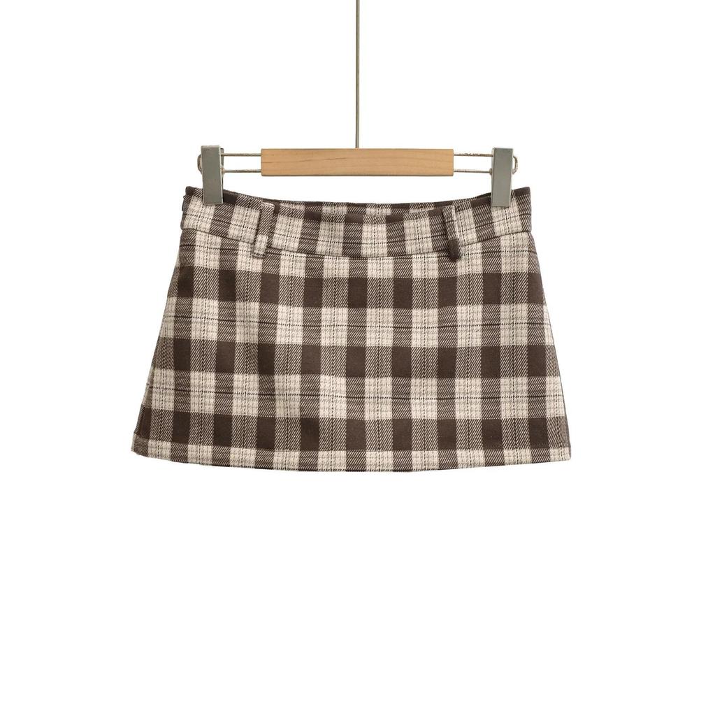 Retro Plaid Low-Waist A-line Skirt - Autumn/Winter Hip-Hugging Style for Women