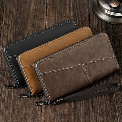 Nubuck Leather Men's Long Wallet Money Clip Multi Slot Zipper Card Holder Purse Large Capacity Card Bag Foreign Trade With Wristband