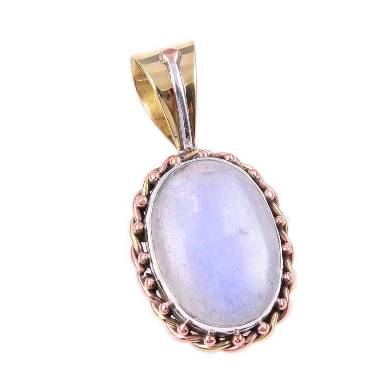 Natural Rainbow Moonstone Gemstone 925 Solid Silver Two Tone Pendant 1.25'' K5g10