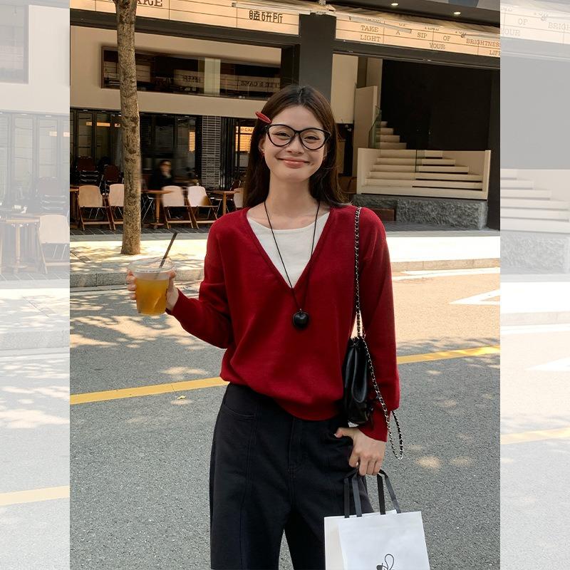 

Song Zhengen navy blue fake two-piece knitted sweater women s autumn new loose high-end lazy sweater long-sleeved top One size fits all [recommended 80-60kg] бордовый