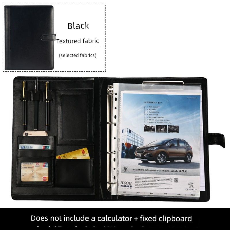 

A4 Multi-Functional Folder Business Leather Loose-Leaf Male Package Office Sales Storage Clip Info Booklet Meeting Plate Holder A4 Black (Single Folder (No Accessories)