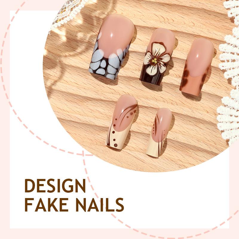 Press on Nails Long Coffin Glossy Full Cover Acrylic Long Square False Nails with Designs Artificial Fake Nails Glue Stick on Fingernails for Women