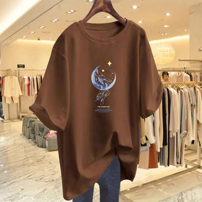 

Cotton short-sleeved t-shirt women s 2025 summer new versatile loose round neck personalized printed half-sleeved t-shirt bottoming shirt XXXL