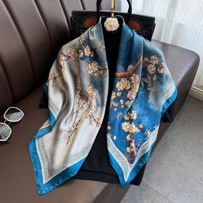 90x90cm Vintage Blaues Taschentuch Schal für Damen Kleines Tuch Imitation Seide Satin Haartücher Damen Quadratische Kopftücher