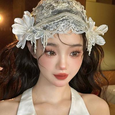 Exquisite Lace Floral Bridal Hat Pearls Beads White Bride Headdress Luxury Tulle Wedding Headwear Party