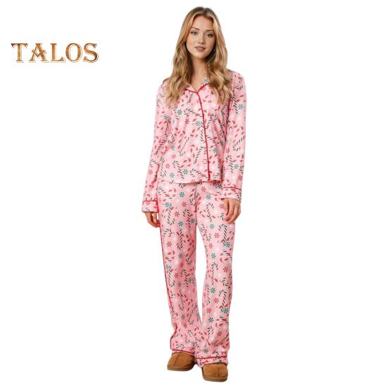 

2 шт./комплект женский рождественский пижамный комплект с принтом Санты, лацканы, длинные рукава, однобортная свободная рубашка с эластичной талией, свободная, широкая домашняя одежда, ночная сорочка M розовый