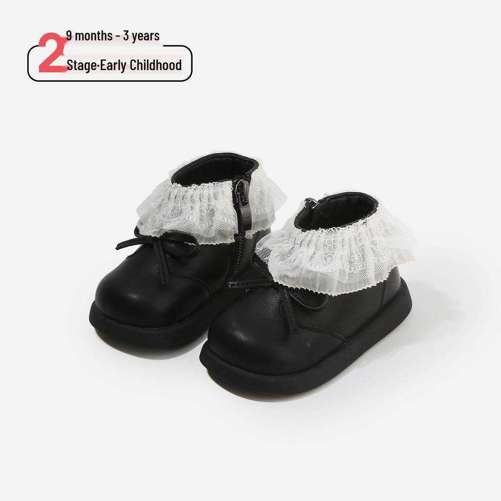 Girls' Autumn-Winter Princess Boots - Cotton-Lined Leather Toddler Shoes with Lace and Velvet Accents