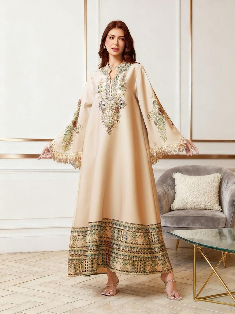 NC21 Middle East Women's V-Neck Tassel Print Abaya Dress
