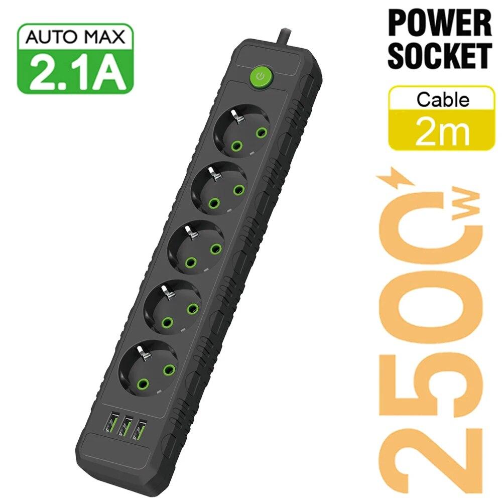 Eu Plug Ac Outlets Multitap Power Strip 2M Extension Cord Socket Electrical with Usb Ports Fast Charging Network Filter Adapter