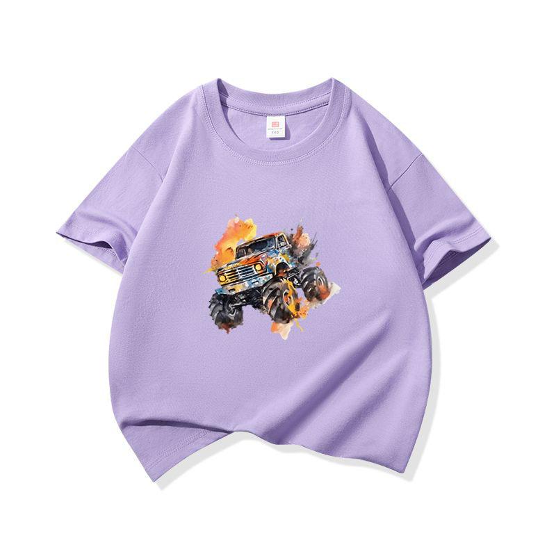 Kids Cotton T Shirt Bright Splash Offroad Vehicle Print Crew Neck Short Sleeve Tee Casual Breathable Boys Girls Summer Tops