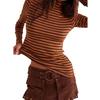 Women S Striped Print Half High Neck Fitted Long Sleeve T Shirt Base Layer Top