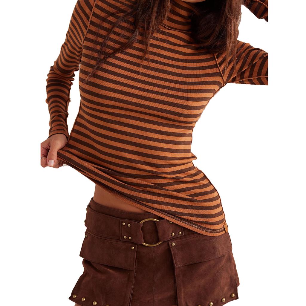 Women S Striped Print Half High Neck Fitted Long Sleeve T Shirt Base Layer Top