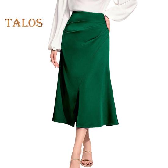High-Waist Women Skirt Solid Color All-Match Style Pleated Skirt Slimming Design Slit Design Zipper Hip Wrapped Midi Skirt